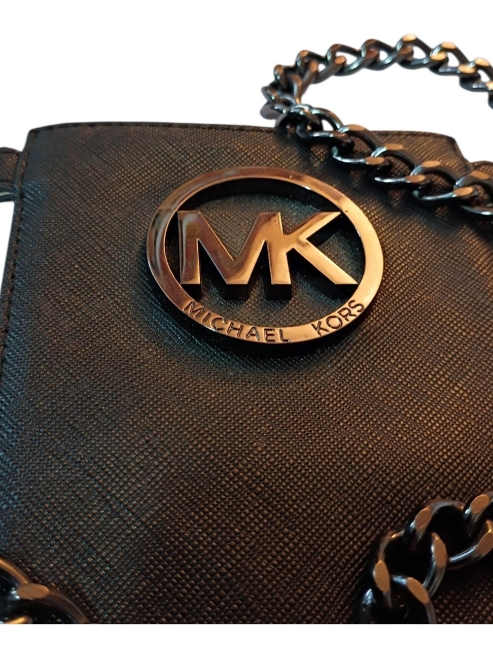 Michael Kors Black Saffiano Leather Wristlet with MK Logo Charm
